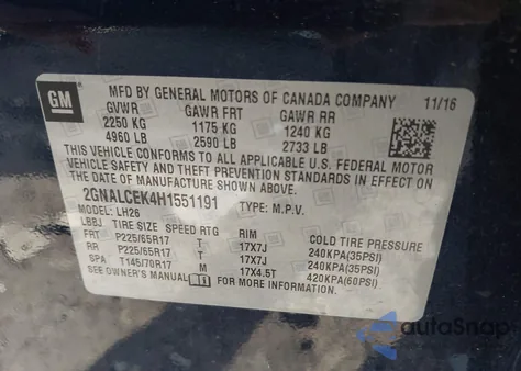 2017 Chevrolet Equinox Lt из США, поврежденный, VIN 2GNALCEK4H1551191